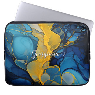 Capa Para Notebook Marinho personalizado e Dourada Arte Fluida com Ti