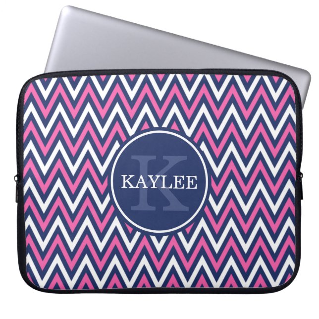 Capa Para Notebook Marinho Rosa Quente Moderno - Chevron Azul e Monog (Frente)