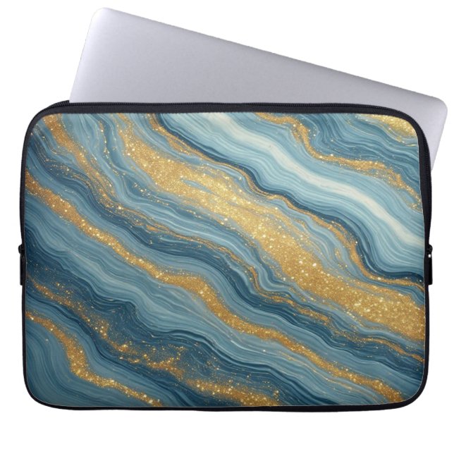 Capa Para Notebook Mármore Azul Abstrato Com Veias Douradas (Frente)