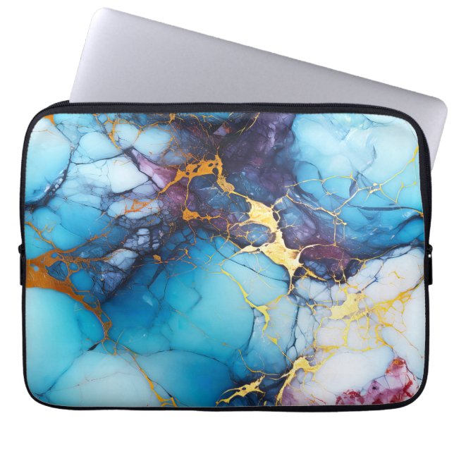Capa Para Notebook Mármore Azul Azure e Ámética com Veias Douradas (Frente)