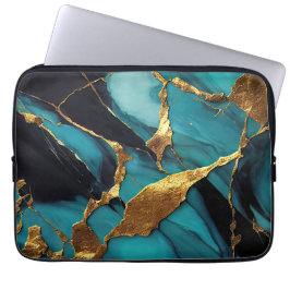 Capa Para Notebook Mármore Azul Teal Profundo com Veias de Ouro Ousad