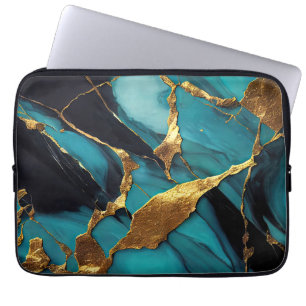Capa Para Notebook Mármore Azul Teal Profundo com Veias de Ouro Ousad