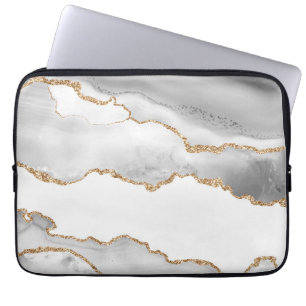 Capa Para Notebook Mármore Branco Cinza Ágata Refined Brilho Dourado