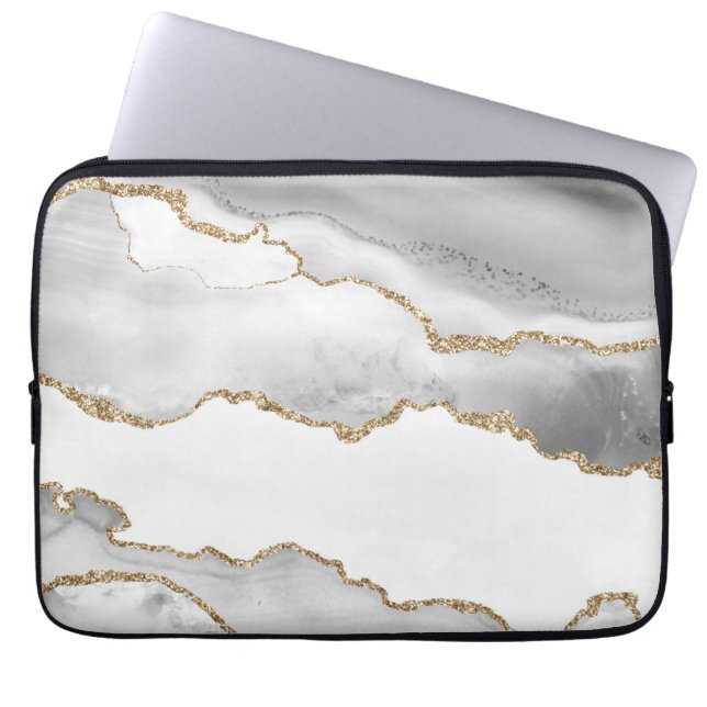 Capa Para Notebook Mármore Branco Cinza Ágata Refined Brilho Dourado (Frente)