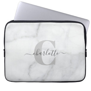 Capa Para Notebook Mármore Branco e Cinza Personalizado Monogramado