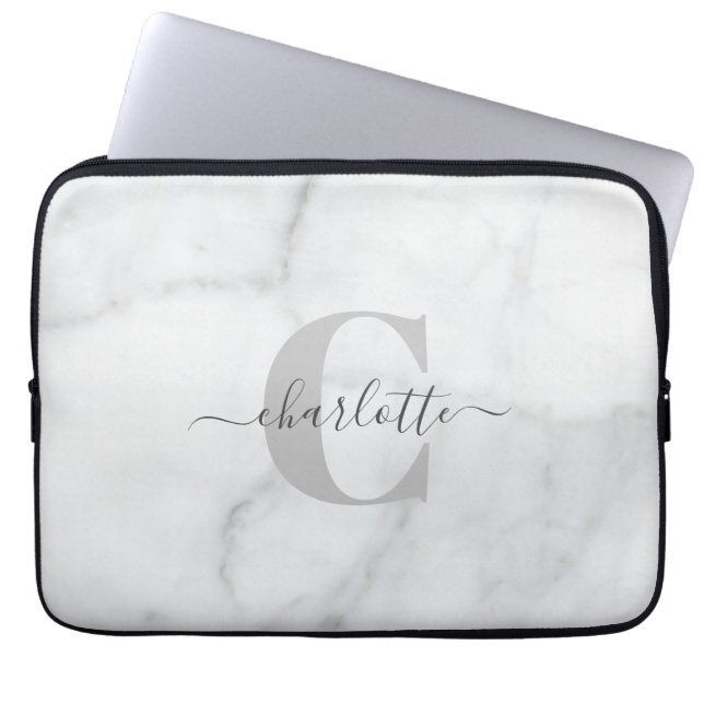 Capa Para Notebook Mármore Branco e Cinza Personalizado Monogramado   (Frente)