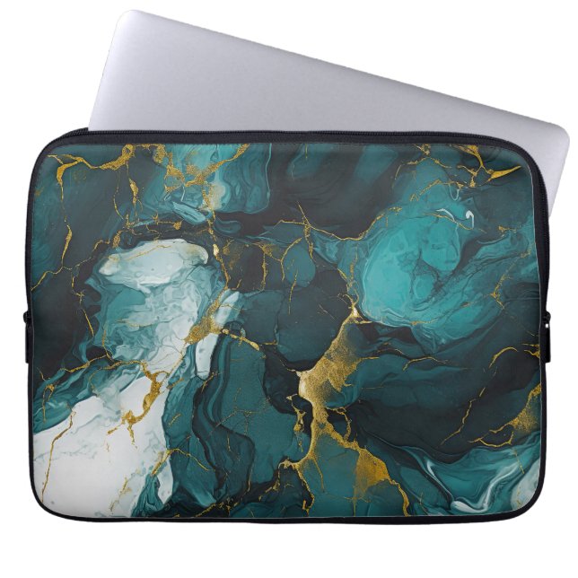 Capa Para Notebook Mármore Esmeralda com Veias Douradas (Frente)