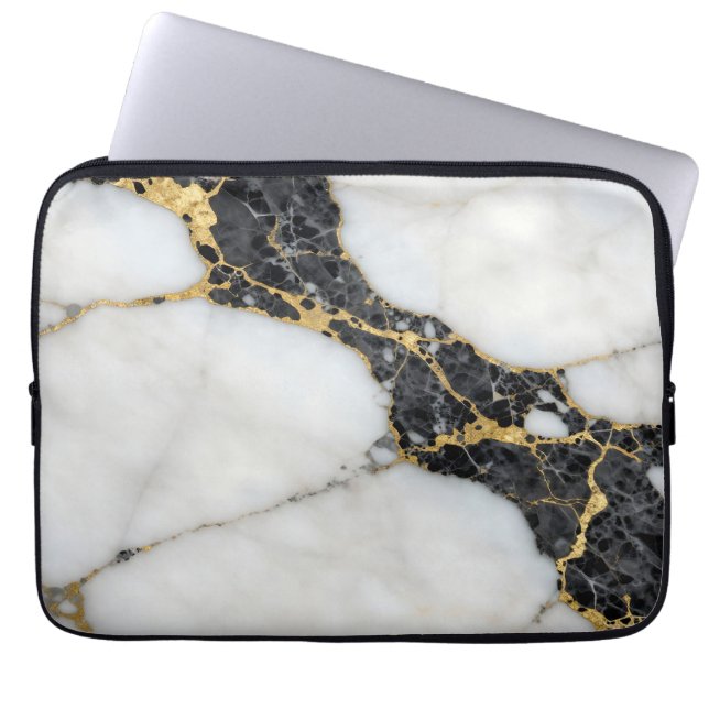 Capa Para Notebook Mármore Luxo Preto Branco Dourado (Frente)