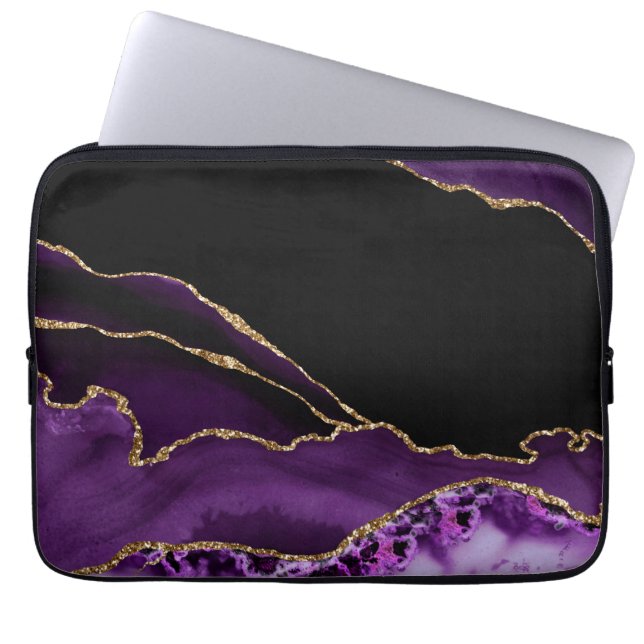 Capa Para Notebook Mármore Preto Violeta Ágata Glamour Escuro Dourado (Frente)