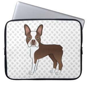 Capa Para Notebook Marrom e White Boston Terrier Cartoon Dog & Paws