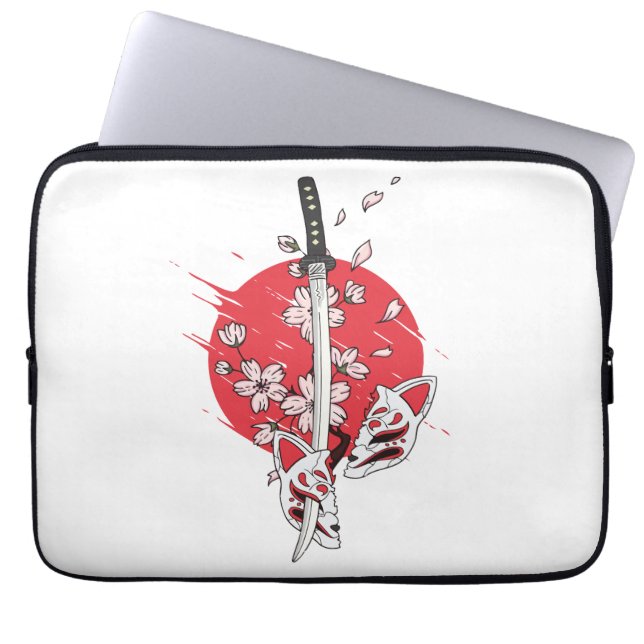 Capa Para Notebook Máscara de raposa com flor de cerejeira katana (Frente)