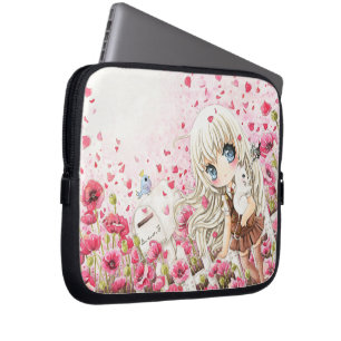 Capa Para Notebook Menina bonita no campo de flores cor-de-rosa