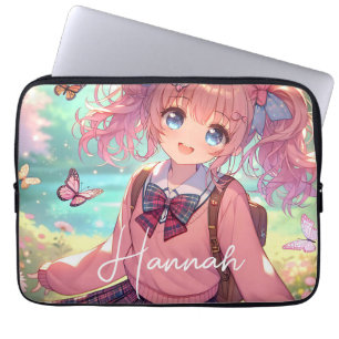 Capa Para Notebook Menina bonito de anime em rabo-de-porco rosa