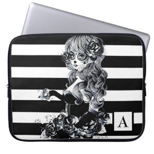 Capa Para Notebook Menina Caveira Doce Bonita Listrada de Preto e Bra