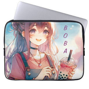 Capa Para Notebook Menina de animação bonita segurando uma chá Boba