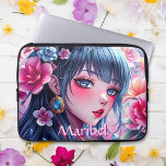 Capa Para Notebook Menina de animação bonito com olhos azuis personal<br><div class="desc">Cobrir de comprimidos personalizado. Linda garota com olhos azuis e cabelo azul cercado por flores rosa e azuis. Bonito floral e anime com tema arte digital ai.</div>