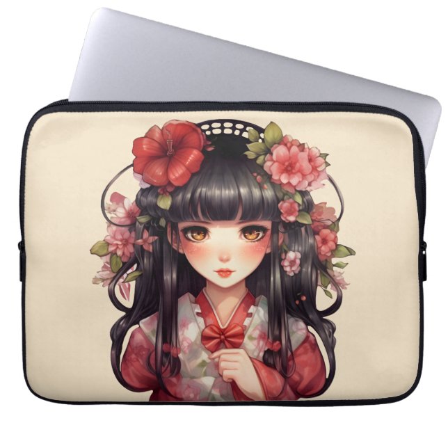 Capa Para Notebook Menina de animação, flores rosa (Frente)