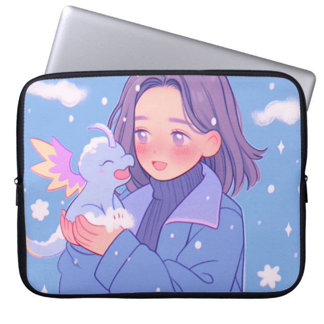 Capa Para Notebook Menina de animação Kawaii com dragão de bebê na ne (Frente)