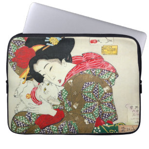 Capa Para Notebook Menina japonesa com gato, Tsukioka Yoshitoshi