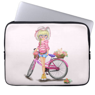 Capa Para Notebook Menina Loura-Gira com Bicicleta Rosa e Gato nas Fl