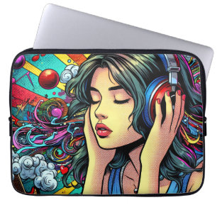Capa Para Notebook Menina ouvindo música em Fones de ouvido Psicodéli