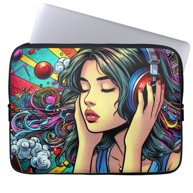 Capa Para Notebook Menina ouvindo música em Fones de ouvido Psicodéli (Frente)