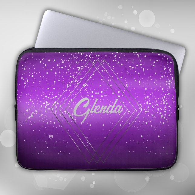 Capa Para Notebook Metal roxo moderno escovado com monograma de prata (Criador carregado)
