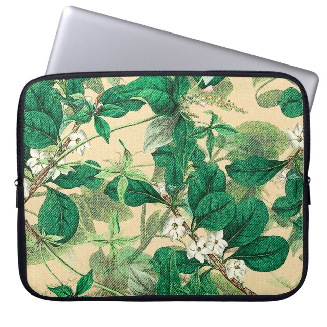 Capa Para Notebook Miniflores brancas com padrão de folhas (Frente)
