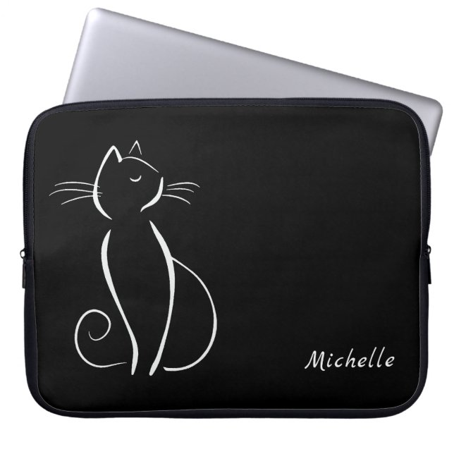 Capa Para Notebook Minimalist White Cat On Black Add Name (Frente)