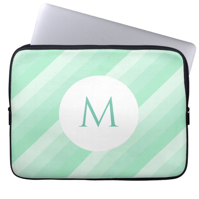 Capa Para Notebook Mint Green Stripes Moderna, Tendência Monogramada (Frente)