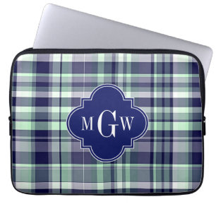 Capa Para Notebook Mint Marinho White Preppy Madras Quatrefoil Monogr