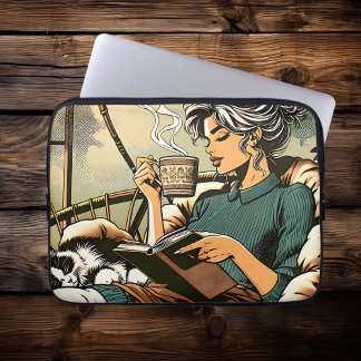 Capa Para Notebook Moça Louca Lendo com Café e Gato