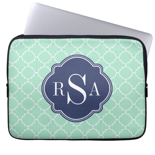 Capa Para Notebook Mod Mint Green Trellis Blue Monograma (Frente)
