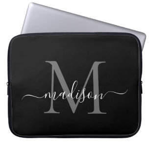 Capa Para Notebook Modern Monograma Cinzas Negras Silver Girly Script