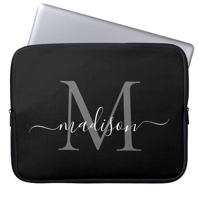 Capa Para Notebook Modern Monograma Cinzas Negras Silver Girly Script (Frente)