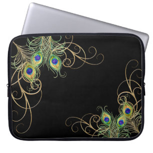 Capa Para Notebook Modern Peacock Feather Dourada Swirl Name