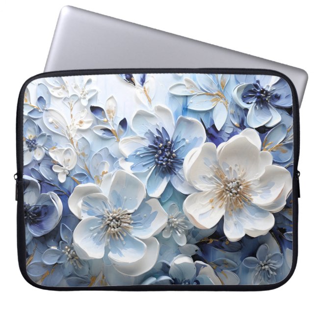 Capa Para Notebook Moderno Botânico Floral Azul Branco Elegante (Frente)