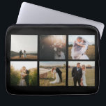 Capa Para Notebook Moderno de Colagem de Fotos Simples<br><div class="desc">Bolsa de laptop moderna com um design preto simples e mínimo com uma colagem fotográfica de seis das suas fotografias de casamento favoritas. Esta bolsa de laptop elegante é perfeita para uma noiva recém-casada.</div>