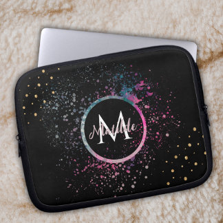 Capa Para Notebook Monogram Name Faux Gold Glitter Girly Glam Black