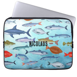 Capa Para Notebook Monograma adorável peixe do oceano Padrão azul mod