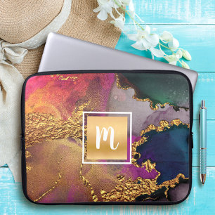 Capa Para Notebook Monograma agate aquarela dourada azul púrpura