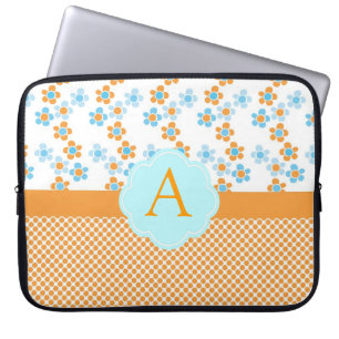 Capa Para Notebook Monograma amarelo elegante, flores azuis, inicial