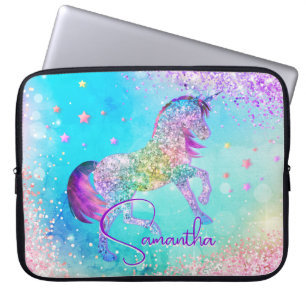 Capa Para Notebook Monograma aqua branco de unicórnio rosa brilhante