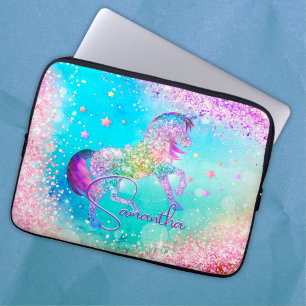 Capa Para Notebook Monograma aqua branco de unicórnio rosa brilhante