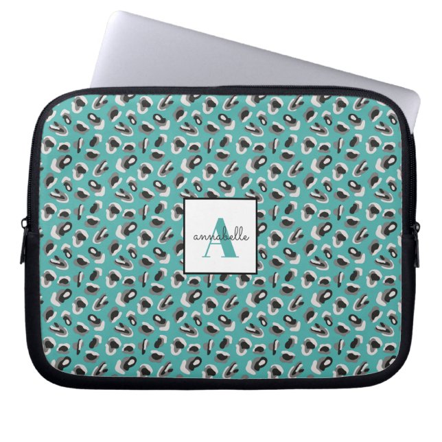 Capa Para Notebook Monograma Aqua Leopard Animal Print Personalizado (Frente)