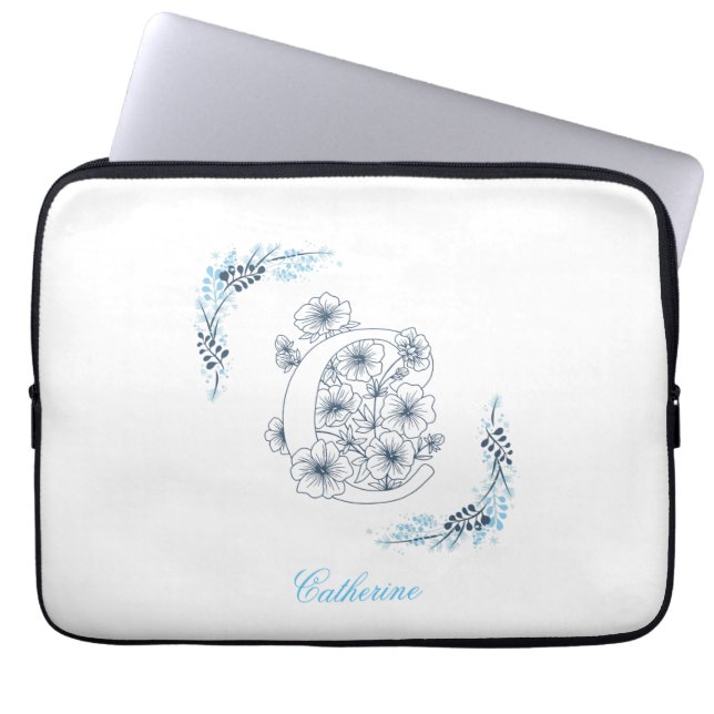 Capa Para Notebook Monograma azul inicial Calm Floral (Frente)