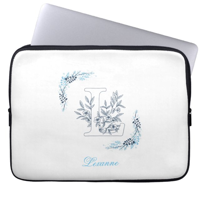 Capa Para Notebook Monograma azul inicial Calm Floral (Frente)