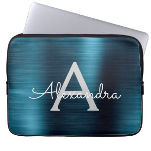 Capa Para Notebook Monograma Azul Metálico Moderno Chic Stainless St