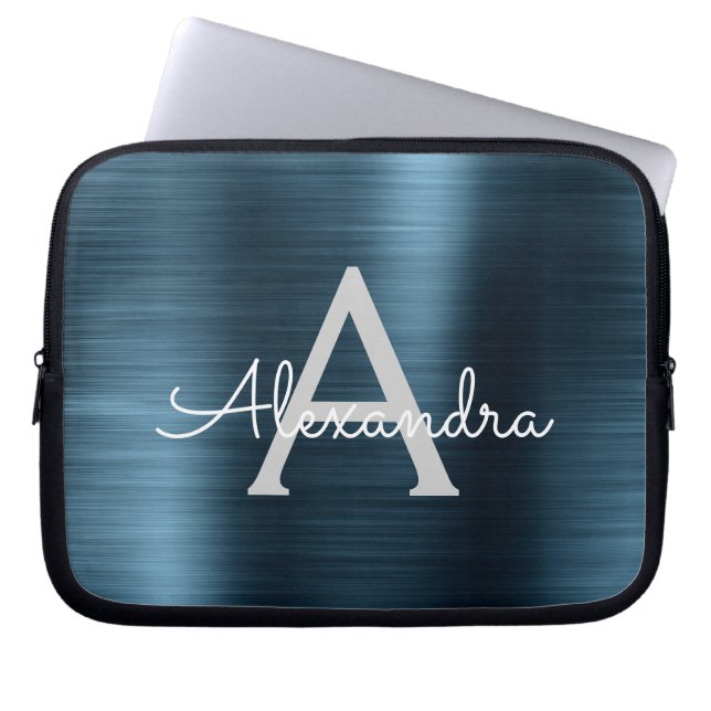 Capa Para Notebook Monograma Azul Metálico Moderno Chic Stainless Ste (Frente)