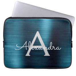 Capa Para Notebook Monograma Azul Metálico Moderno Chic Stainless Ste